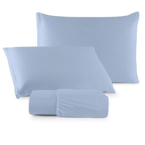 Jogo De Lençol Minimal Casal 3 Peças Malha 100% Algodão Liso Azul