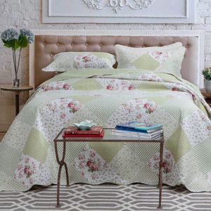 Kit Cobre Leito Colcha Daily Queen 3 Peças Dupla Face Estampado Floral Patchwork Verde 8 100% Poliéster
