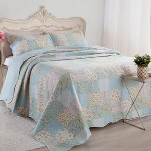 Kit Cobre Leito Colcha Daily Casal 3 Peças Dupla Face Estampado Floral Patchwork Azul 10 100% Poliéster