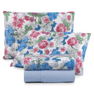 Jogo De Lençol Luar King 4 Peças Malha 100% Algodão Estampado Azul Floral