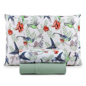Jogo De Lençol Luar Solteiro 3 Peças Malha 100% Algodão Estampado Verde Birds