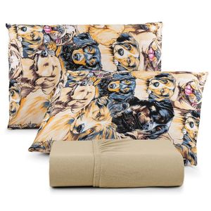 Jogo De Lençol Luar King 3 Peças Malha 100% Algodão Estampado Mostarda Dogs