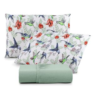Jogo De Lençol Luar Queen 3 Peças Malha 100% Algodão Estampado Verde Birds