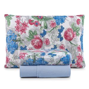 Jogo De Lençol Luar Solteiro 3 Peças Malha 100% Algodão Estampado Azul Floral