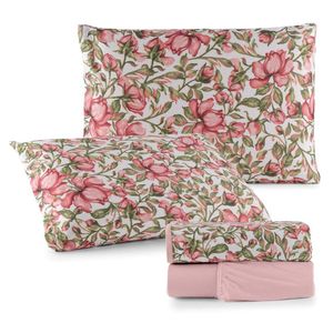 Jogo De Lençol Luar Casal 4 Peças Malha 100% Algodão Estampado Rose Floral
