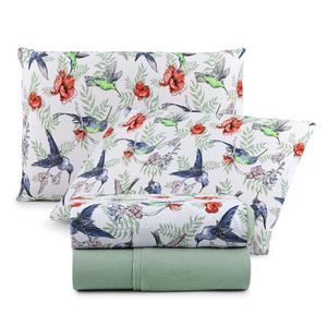 Jogo De Lençol Luar Queen 4 Peças Malha 100% Algodão Estampado Verde Birds