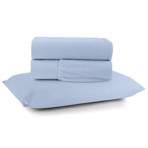 Jogo De Lençol Minimal Solteiro 3 Peças Malha 100% Algodão Liso Azul