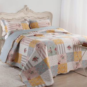 Kit Cobre Leito Colcha Daily Queen 3 Peças Dupla Face Estampado Floral Patchwork 15 100% Poliéster