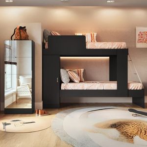 Beliche Para Colchão 78x188cm Com 1 Porta E Sapateira Com Espelhos Multimóveis Mp4370 Preto