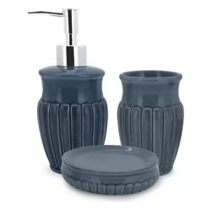 Jogo Com 3 Peças Para Banheiro Em Cerâmica Marine Blue 325 Ml - Mimo Style - Bh20106