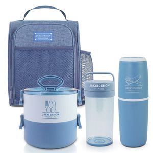 Conjunto Da Linha Joy Bolsa Térmica, Porta Escova E Pasta De Dente, Pote Marmita 2 Andares E Garrafa Azul