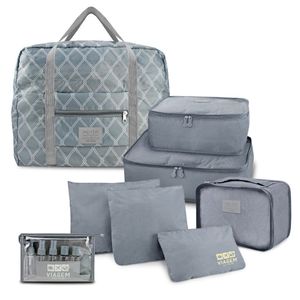 Kit Organizador De Malas 6 Peças + Bolsa Dobrável + Frascos De Viagem 10 Peças Cinza
