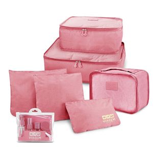 Kit Organizador De Malas + Frascos De Viagem 7 Peças Rosa