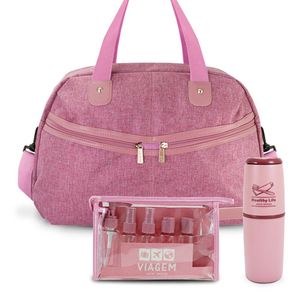 Kit Bolsa De Viagem + Porta Escova De Dente + Frascos De Viagem 10 Peças Rosa