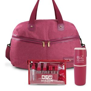 Kit Bolsa De Viagem + Porta Escova De Dente + Frascos De Viagem 10 Peças Vinho