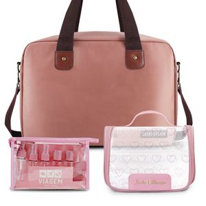 Kit Bolsa De Viagem + Necessaire + Frascos De Viagem 10 Peças Rosa
