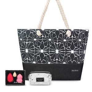 Kit Bolsa De Praia, Necessaire Transparente, Trio De Esponjas Preto