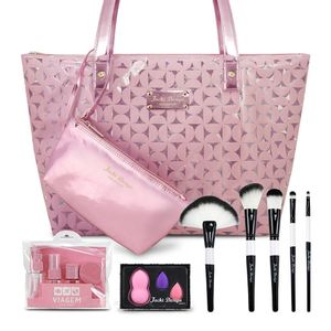 Kit Bolsa C/ Niqueleira, Frascos De Viagem 7pcs, Trio De Esponja, Pincéis Profissionais 5 Pcs Rosa