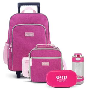 Conjunto Lancheira Térmica E Pote P/ Lanche,garrafa 550ml E Mochila Com Rodinhas Pink