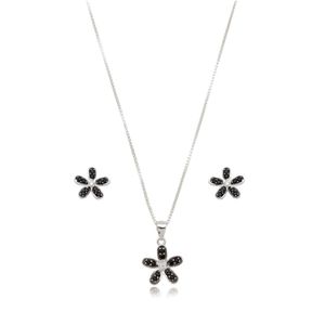 Conjunto Colar E Brincos Flor Zircônio Negra Prata 925