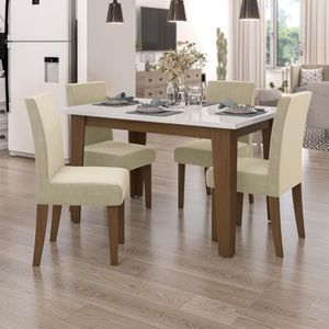 Conjunto de Mesa Sala de Jantar Miami com 4 Cadeiras Trieste Suede 1,20m Cedro-Off White-Areia D