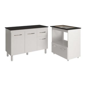 Balcão Armário Gabinete Aline 118 Cm Branco Com Tampo Preto E Balcão Evelyn Para Cooktop 4 Bocas Branco