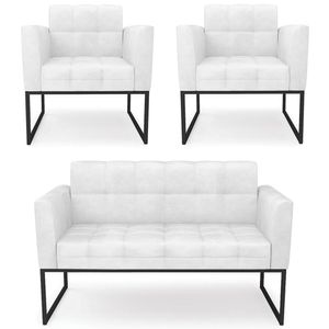 Sofá Namoradeira E 2 Poltronas Base Industrial Preto Ana Sintético Pu Branco - Ibiza