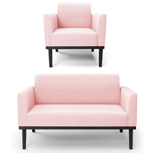 Sofá Namoradeira E 1 Poltrona Base Madeira Preto Maressa Suede Rosa Bebê - Ibiza