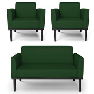 Sofá Namoradeira E 2 Poltronas Base Madeira Preto Maressa Veludo Luxo Verde - Ibiza
