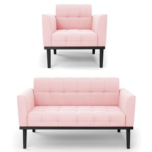 Sofá Namoradeira E 1 Poltrona Base Madeira Preto Ana Suede Rosa Bebê - Ibiza