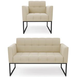 Sofá Namoradeira E 1 Poltrona Base Industrial Preto Ana Suede Bege - Ibiza