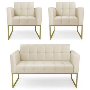 Sofá Namoradeira E 2 Poltronas Base Industrial Dourado Ana Sintético Bege - Ibiza
