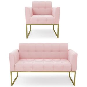 Sofá Namoradeira E 1 Poltrona Base Industrial Dourado Ana Suede Rosa Bebê - Ibiza