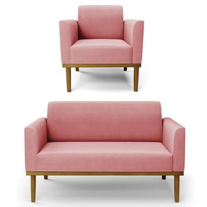 Sofá Namoradeira E 1 Poltrona Base Madeira Castanho Maressa Suede Rosê - Ibiza
