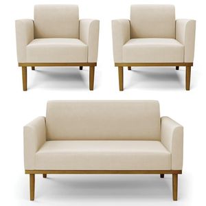 Sofá Namoradeira E 2 Poltronas Base Madeira Castanho Maressa Suede Bege - Ibiza