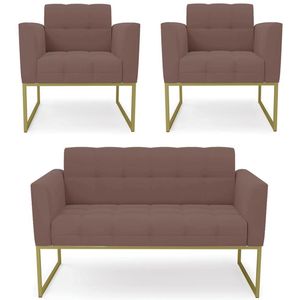 Sofá Namoradeira E 2 Poltronas Base Industrial Dourado Ana Veludo Rosê - Ibiza
