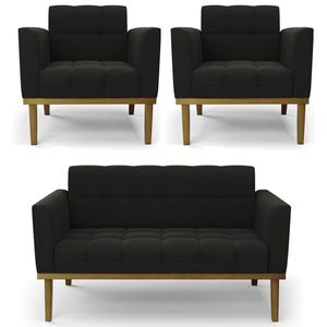 Sofá Namoradeira E 2 Poltronas Base Madeira Castanho Ana Suede Preto - Ibiza