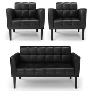 Sofá Namoradeira E 2 Poltronas Base Madeira Preto Ana Sintético Pu Preto - Ibiza