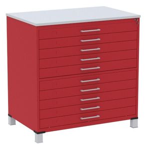 Mapoteca 10 Gavetas Pandin 120 Cm (larg) Inmetro Tampo Mdp Cinza Estrutura E Gavetas Em Aço Vermelho