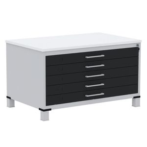Mapoteca 5 Gavetas Pandin 120 Cm (larg) Inmetro Tampo Mdp Branco Estrutura Aço Cinza Gavetas Pretas