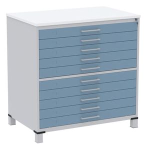 Mapoteca 10 Gavetas Pandin 120cm (larg) Tampo Mdp Branco Estrutura Aço Cinza Gaveta Azul Dali