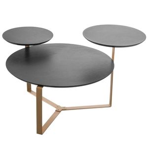 Mesa De Centro Industrial Chanfrada Artesano 83 Cm (larg) 3 Tampos Mdp Nero (preto) Pé Aço Dourado