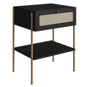 Mesa Cabeceira 1 Gaveta Oslo Artesano 48 Cm (largura) Mdp Nero Palha Sintética Bege Pé Metal Dourado