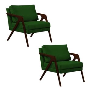 Kit 2 Poltronas Mona Monique Luxo Base Madeira Maciça Castanho Veludo Verde