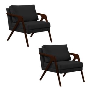 Kit 2 Poltronas Mona Monique Luxo Base Madeira Maciça Castanho Veludo Preto