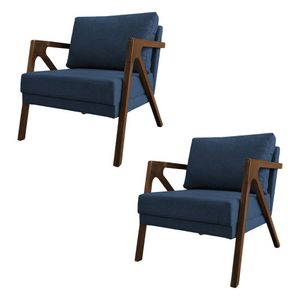 Kit 2 Poltronas Mona Monique Luxo Base Madeira Maciça Mel Linho Azul