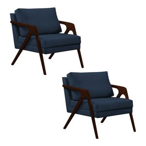 Kit 2 Poltronas Mona Monique Luxo Base Madeira Maciça Castanho Veludo Azul