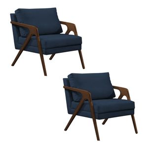 Kit 2 Poltronas Mona Monique Luxo Base Madeira Maciça Mel Veludo Azul