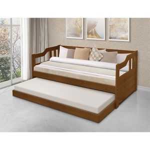 Sofa Cama Solteiro De Madeira Com Cama Auxiliar Com 2 Colchões - Castanho - Marrom