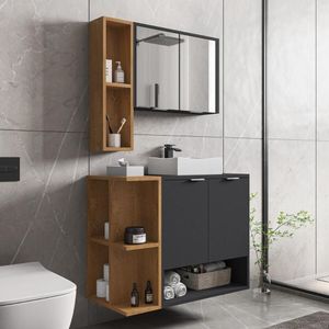 Gabinete De Banheiro Suspenso Com Cuba E Espelheira 70cm Multimóveis Cr10125 Preto Fosco Naturalle